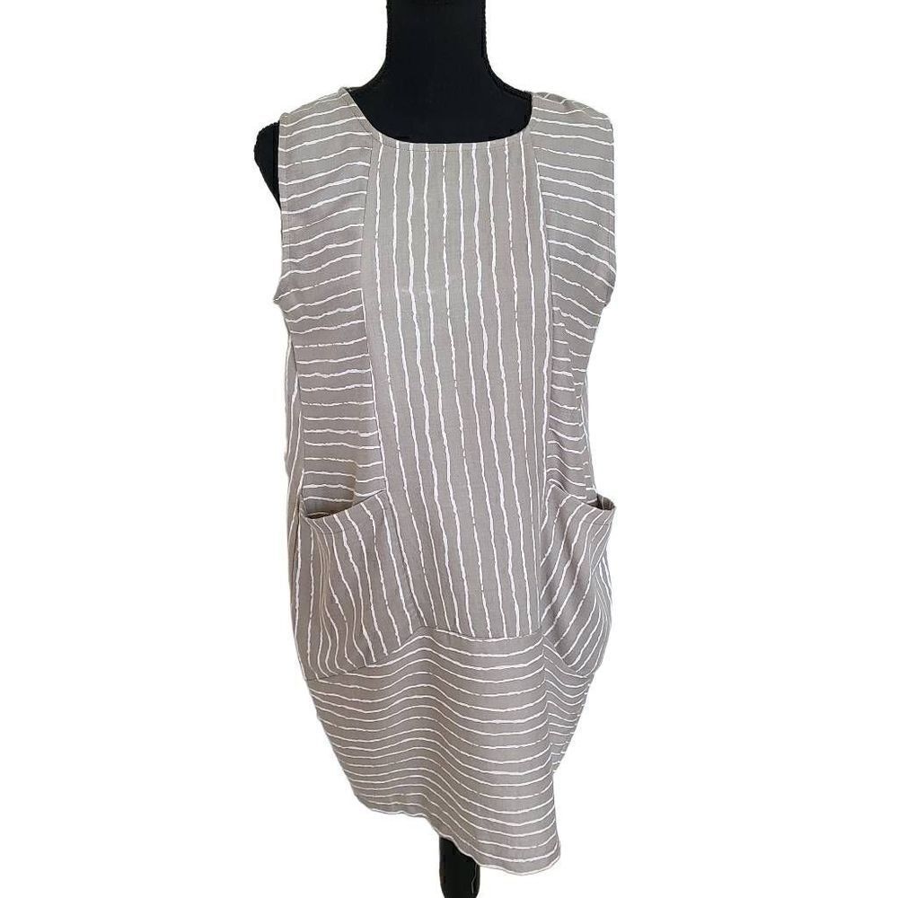 Whispers Womens Cotton Blend Beige White Stripe Pockets Shift Dress Small